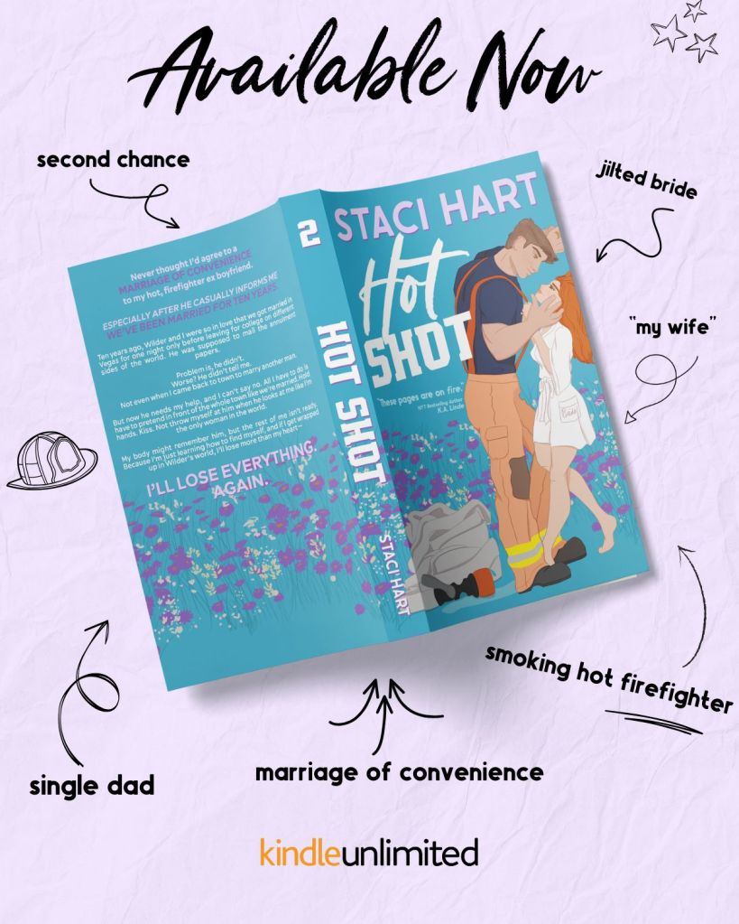 Promotional image for the book 'Hot Shot' by Staci Hart, showcasing the cover design along with tropes like 'second chance', 'jilted bride', and 'smoking hot firefighter'.