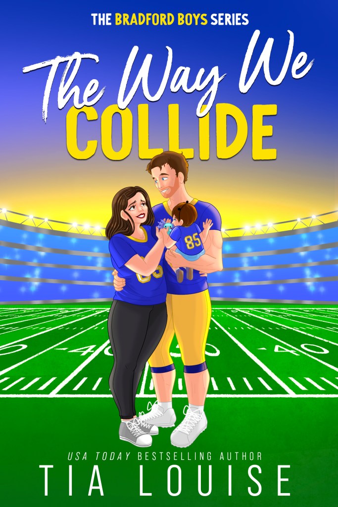 An illustrated cover of the book 'The Way We Collide' from the Bradford Boys series, featuring a couple in a football setting. The woman, wearing a dark shirt, embraces a man in a football uniform, who is holding a baby, with a football field background.