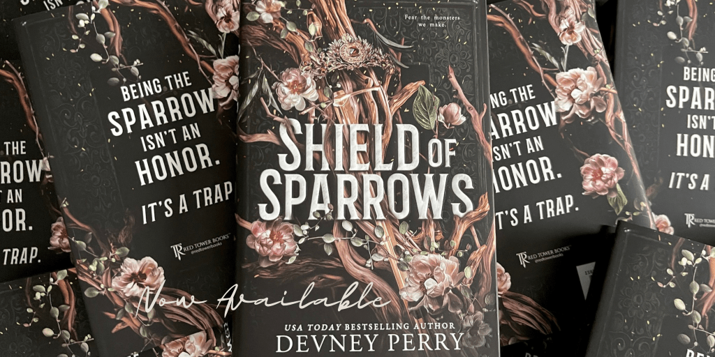 Close-up of the book cover for 'Shield of Sparrows' by Devney Perry, surrounded by multiple copies of the book showcasing its floral and artistic design.