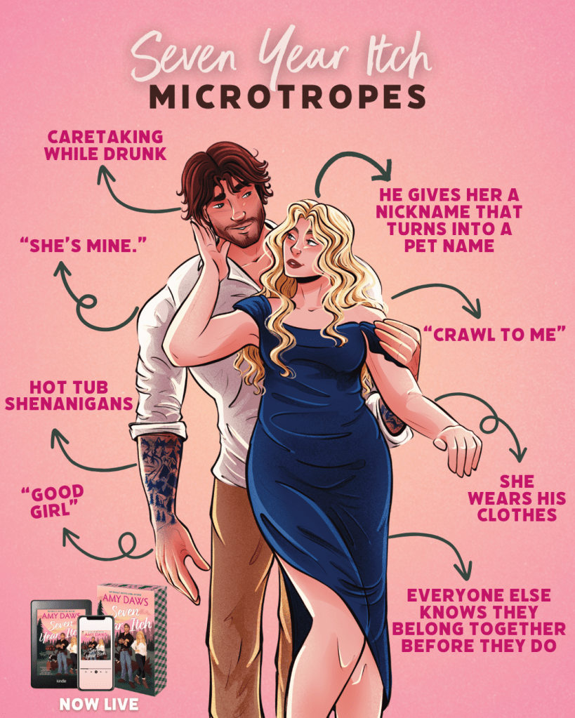 A colorful illustration depicting a romantic scene from 'Seven Year Itch' with a tattooed man and a blonde woman. The typography highlights microtropes related to their relationship, including phrases like 'Caretaking while drunk' and 'Hot tub shenanigans.'