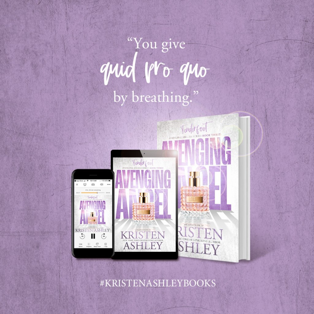 Promotional graphic for "Avenging Angels: Tenderfoot" featuring the book cover, a tablet, a smartphone, and an audiobook player, with a purple background and quote overlay.