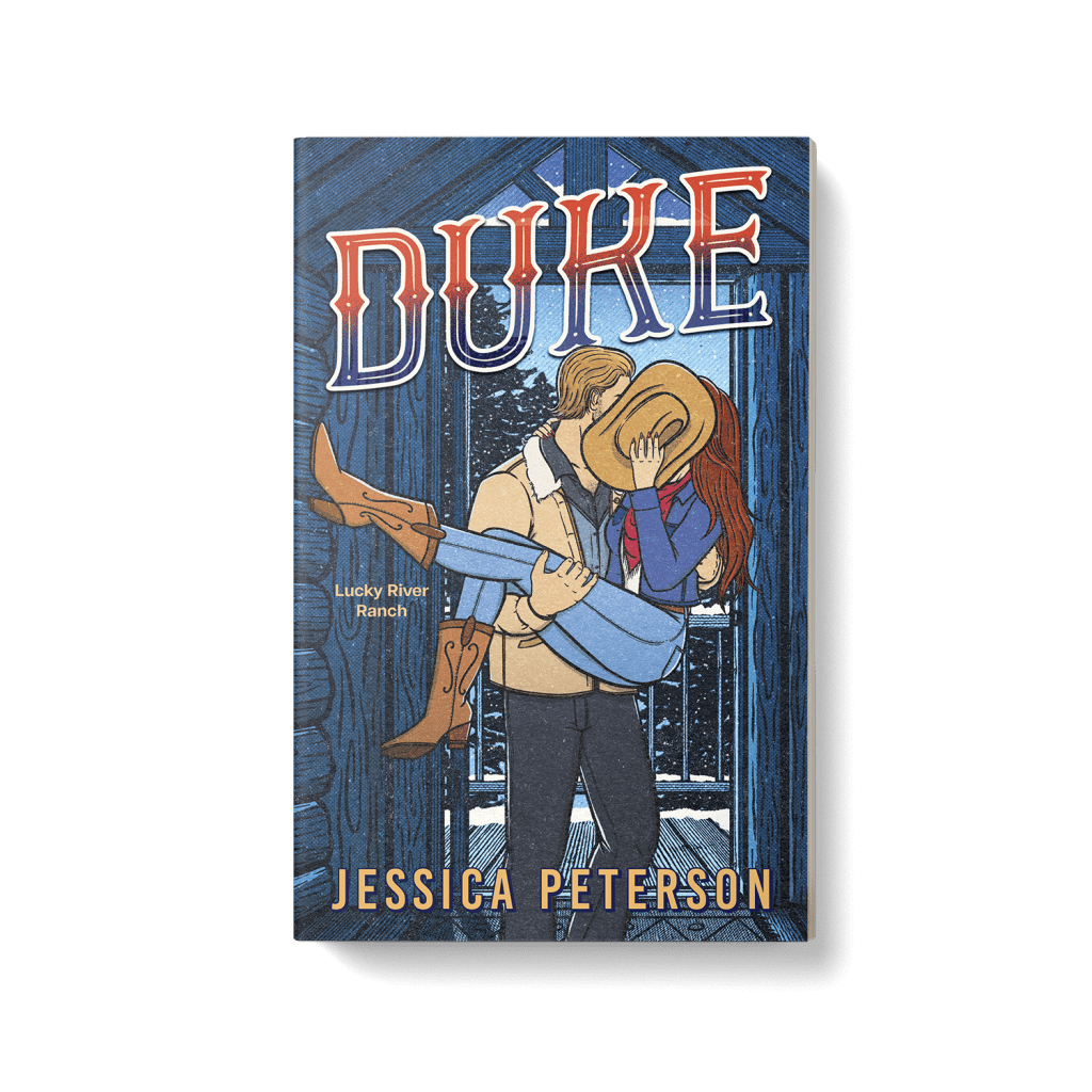 Book cover for 'Duke' by Jessica Peterson, featuring an illustration of a cowboy holding a woman in a cozy ranch setting.