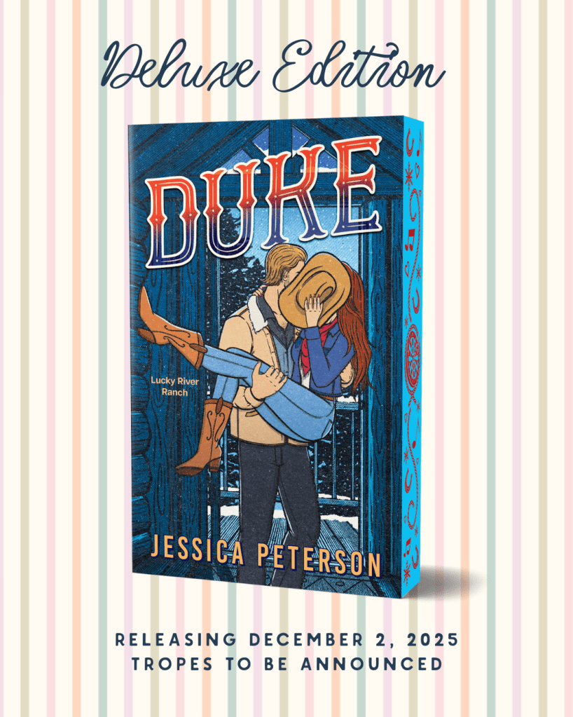 Cover design for the book 'Duke' by Jessica Peterson, featuring a couple in an intimate embrace in front of a ranch background, with colorful striped patterns in the backdrop and release date information.