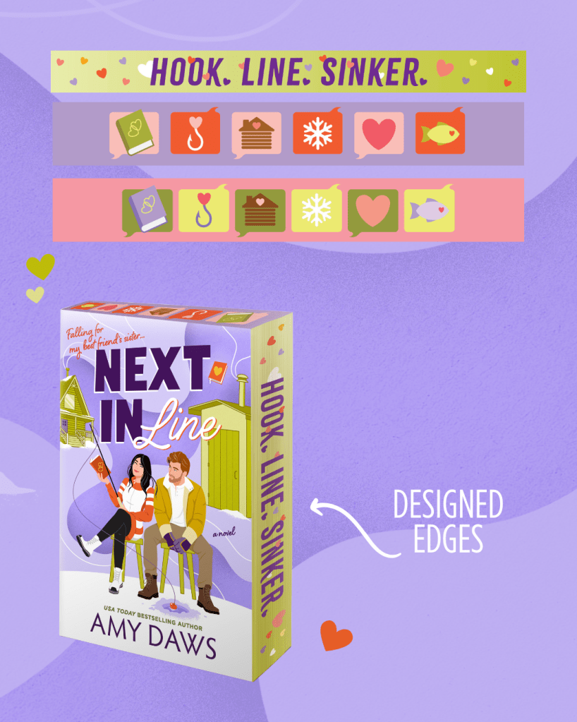 Illustration featuring the book cover of 'Next in Line' by Amy Daws, showcasing a young couple sitting on chairs in a playful, romantic setting with elements of fishing and hearts.