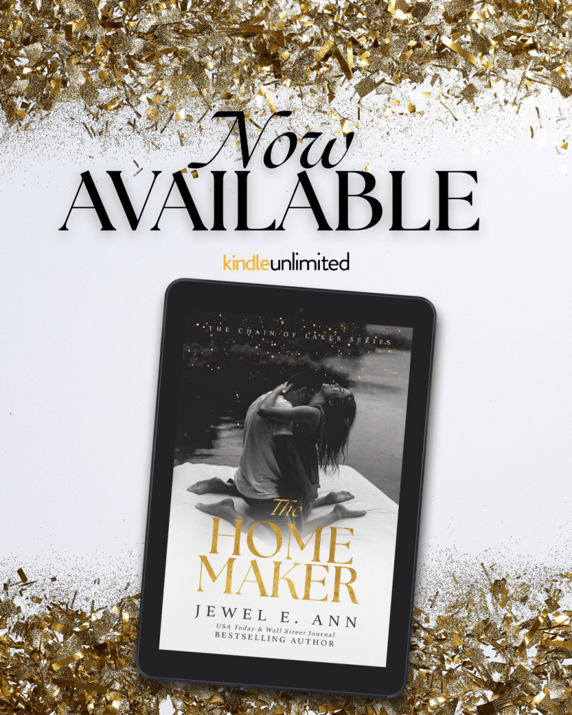 Promotional graphic for 'The Homemaker' by Jewel E. Ann featuring a couple embracing on the cover of the ebook, with gold confetti in the background and 'Now Available' text.