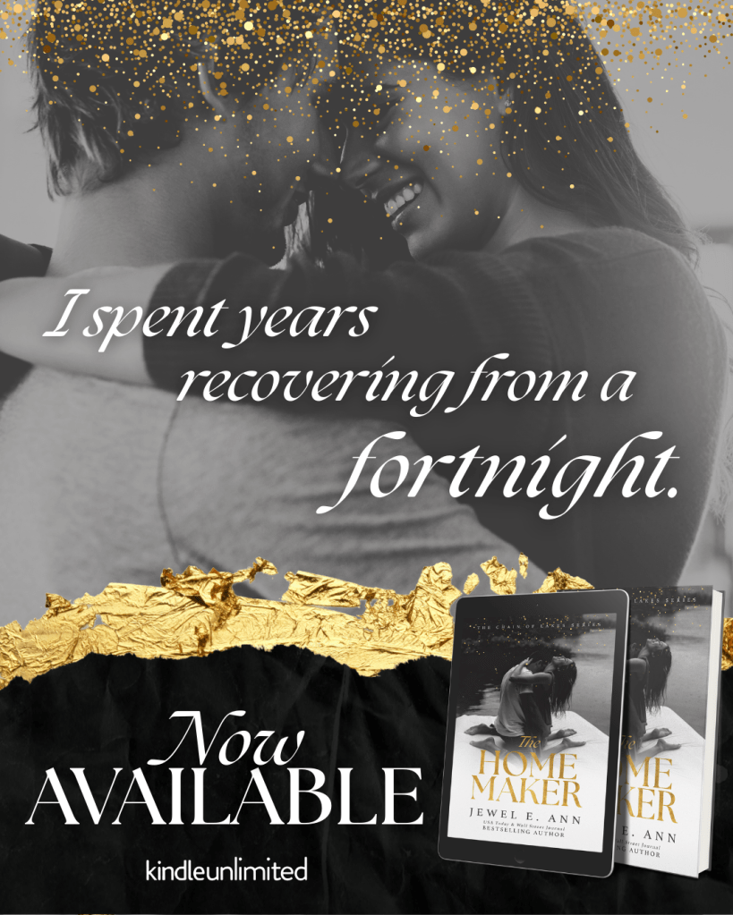 A close-up of a couple embracing, with smiles and a warm atmosphere, overlaid with text announcing 'Now Available' for 'The Homemaker' by Jewel E. Ann.