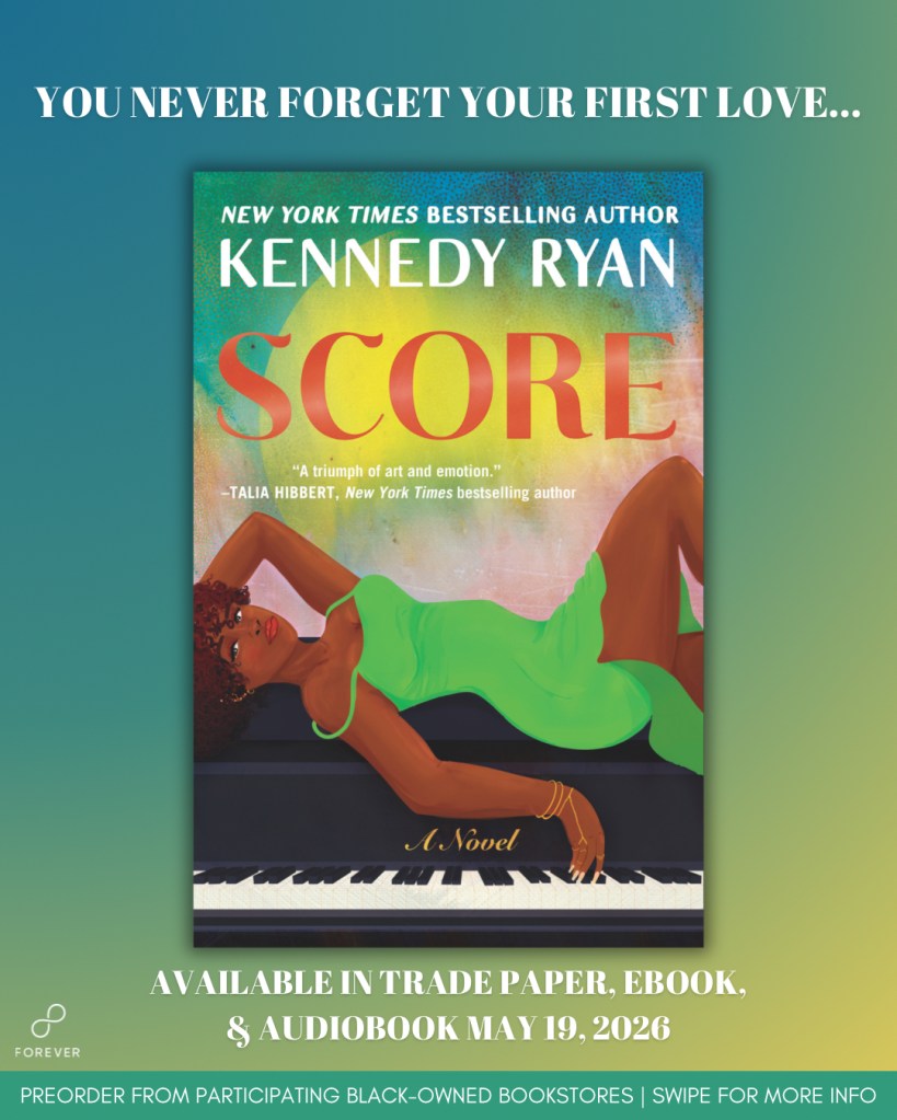 Cover of the book 'Score' by Kennedy Ryan featuring a woman with curly hair in a green dress, resting on a piano. The background is a gradient of green and pink, with the title and author's name prominently displayed.