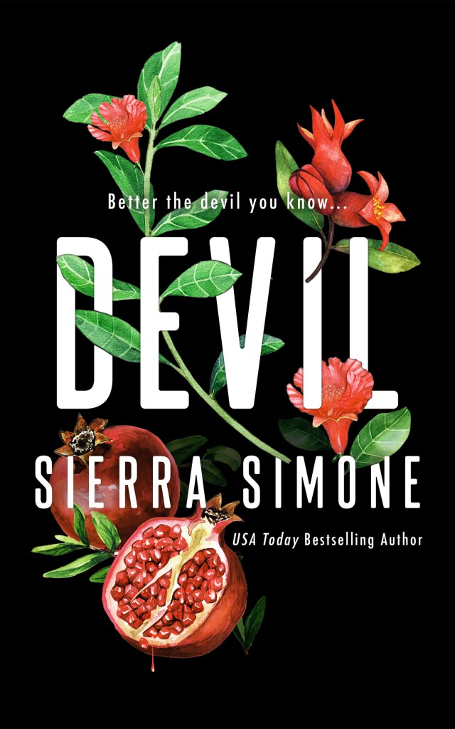 Book cover for 'Devil' by Sierra Simone featuring the title prominently in white text, surrounded by vibrant illustrations of pomegranate and leaves on a black background.