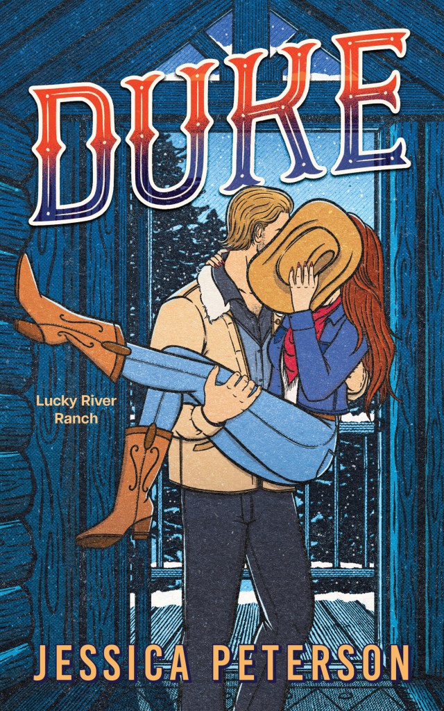 Book cover of 'Duke' by Jessica Peterson featuring a cowboy lifting a woman inside a rustic cabin, highlighting a romantic connection.