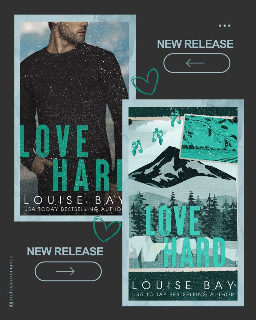 Promotional graphic for the book 'Love Hard' by Louise Bay, featuring a man in a black shirt and scenic backgrounds with mountains and trees, highlighting the romance theme.