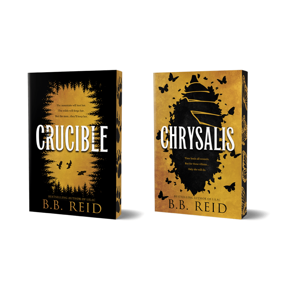 Two book covers by B.B. Reid: 'Crucible' on the left featuring a dark forest design with birds and a tagline, and 'Chrysalis' on the right with a golden background showcasing butterflies and a tagline.