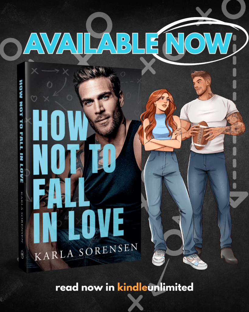 An advertisement for the book 'How Not to Fall in Love' by Karla Sorensen, featuring a graphic design with a book cover illustration, a stylized couple, and text promoting its availability on Kindle Unlimited.